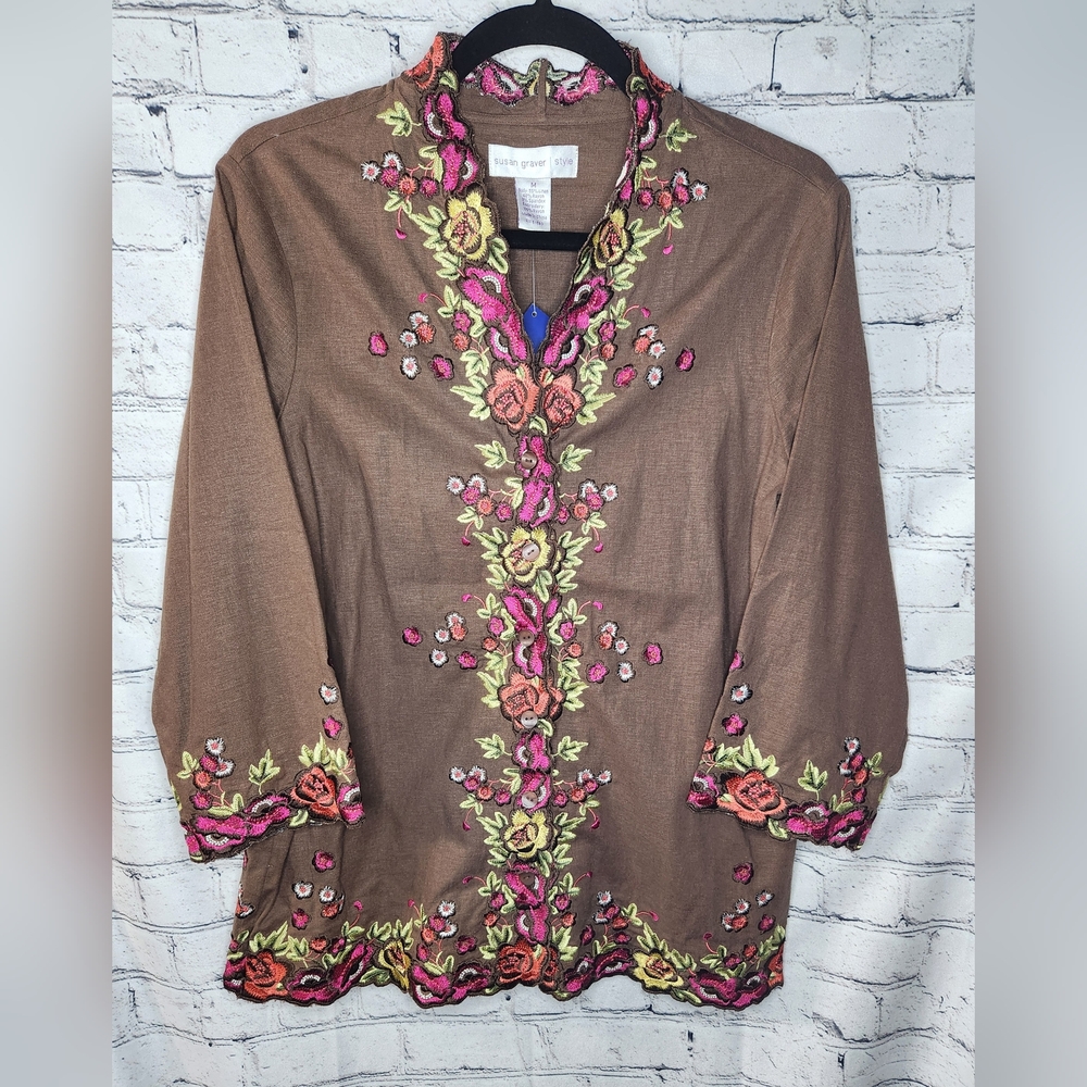 Susan Graver Embroidered Linen Blend Button Down Shirt Size Medium
